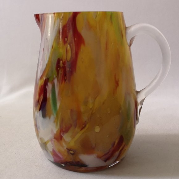 Lovely Tutti-Frutti Pattern Hand-blown Art Glass Vessel Applied Clear Handle - Picture 3 of 6